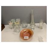 5" CARNIVAL GLASS BOWL, BUD VASE, JUICE GLASSES
