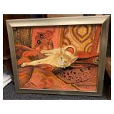 OIL ON CANVAS PAINTING OF CAT LAYING ON BED, 20 H