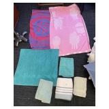 2 BEACH TOWELS, LARGE TEAL TOWEL, SMALLER BATH