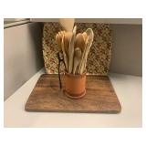 WOOD CUTTING BOARD, TRAY, UTENSIL HOLDER WITH