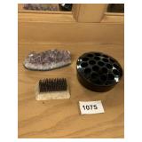 AMYTHEST GEODE PIECE, BLACK GLASS FLOWER FROG