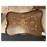 24X16 WOOD INLAY TRAY WITH BRASS HANDLES