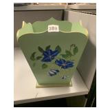 WASTE BASKET WOODEN, APPLIED FLOWERS ON SIDES