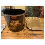 PLASTIC TRAY, WASTE BASKET PAINTED FLOWERS