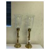 20" PAIR OF BRASS CANDLE STICKS WITH ETCHED GLASS