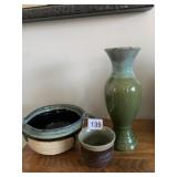 THREE POTTERY PIECES, BATTER BOWL SIGNED BASE, 7"