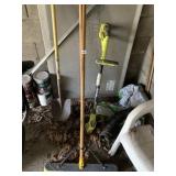 LARGE BROOM , RYOBI WEED WACKER, SHOEVLS ETC.