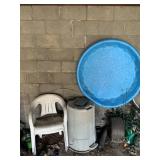 SMALL POOL, PLASTIC CHAIRS AND TRASH CAN