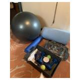 YOGA BALL, CLEAR GYM BAG, HAND WEIGHTS, FOAM