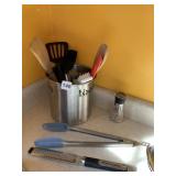 STAINLESS BIN W/ SERVING UTENSILS, PEPPER GRINDER