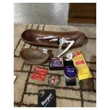 WOODEN BOWLS, MILITARY PATCH, BOTTLE OPENER, PIPE
