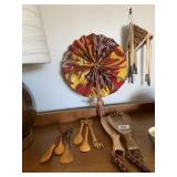 LEATHER HAND PAINTED FABRIC FAN AND WOOD CARVED