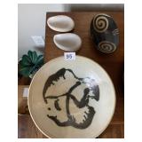 STONE BOWLS, OVAL BONE DISH, POTTERY SIGNED BOWL