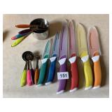 EMERIL COLORFUL KNIVES, MEASURING SET, SPOONS