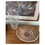 RIBBED ART GLASS VASE 12" H W/ MATCHING GROUND