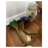 GLAZED POTTERY VASE W/ WOOL FLOWERS