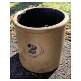 2 GALLON BLUE DECORATED CROCK SM CHIP ON EDGE