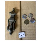 BRASS PAGODA SHAPED DOOR KNOCKER, TOKENS