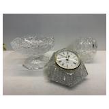CRYSTAL CLOCK, PEDESTAL OCTAGON DISH, ROSE BOWL