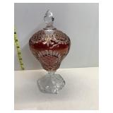 CRANBERRY ETCHED CANDY DISH W/ LID
