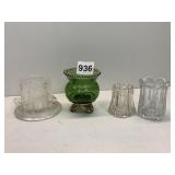 FOOTED GREEN TOOTHPICK HOLDER AND 3 OTHERS