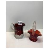 RUBY BASKET AND 1917 CREAM PITCHER W/ APPLIED
