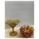 AMBER PEDESTAL CANDY DISH AND 3 CARNIVAL BOWLS 2
