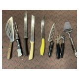 KNIVES, CHEESE SLICER, VINTAGE CAN OPENERS,
