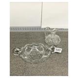 CUT GLASS DOUBLE HANDLED NAPPY AND CRUET