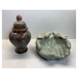 BIRD ON OPEN HANDS AND GINGER JAR W/ LID