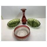 BIRD ETCHED FRONT VASE, DIVIDED GREEN CANDY DISH,