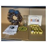 PINECONE WREATH, SMILE NEEDLEPOINT, VASE, DOILY,