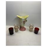 HULL VASE HAS REPAIRED SPOT, 2 DECORATED VASES, 2
