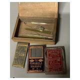 SMALL CARVED JAPANESE BOX AND VINTAGE NEEDLES