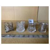 4 CLEAR GLASS TOOTHPICK HOLDERS, ONE SILVER