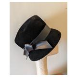 LADIES HAT BLACK VELOUR REGALE LEATHER BAND CHIN