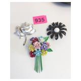 FLOWER PINS SILVER TONE ROSE BOUQUET BLACK DAISY
