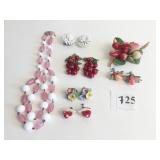 FRUIT EARRINGS AND PIN SET DANGLE MAROON BEADED