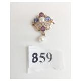 14K GOLD PENDANT BLUE PURPLE STONES PEARL DROP
