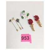STICK PINS STAFFORDSHIRE FLOWER PIN RED ROSE