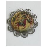 ANTIQUE PIN ASIAN HAND PAINTED ON SHELL HORSEMAN