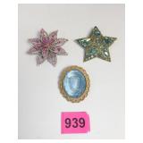 PINK RHINESTONE BROOCH PIN BLUE GREEN CRYSTAL