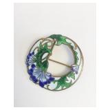 ENAMEL PIN WITH BLUE FLOWERS GREEN VINES OPEN