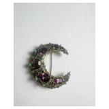 GOLD TONE CRESCENT PIN BROOCH OVAL PURPLE STONES