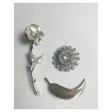 SILVER TONE FLOWER PIN FEATHER PIN ETC.