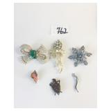 SILVER TONE PIN BROOCH WITH BLUE STONES BOW PIN