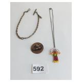 GOLD TONE WATCH FOB CHAIN NECKLACE BEADED INDIAN