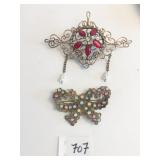 ANTIQUE GOLD TONE BOW PIN WITH PASTEL COLOR