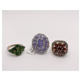 STERLING RINGS SZ. 9 - 3 - ONE GARNET TONE, GREEN