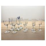 CORDIAL GLASSES, ETCHED CHAMPAGNE GLASSES ETC.